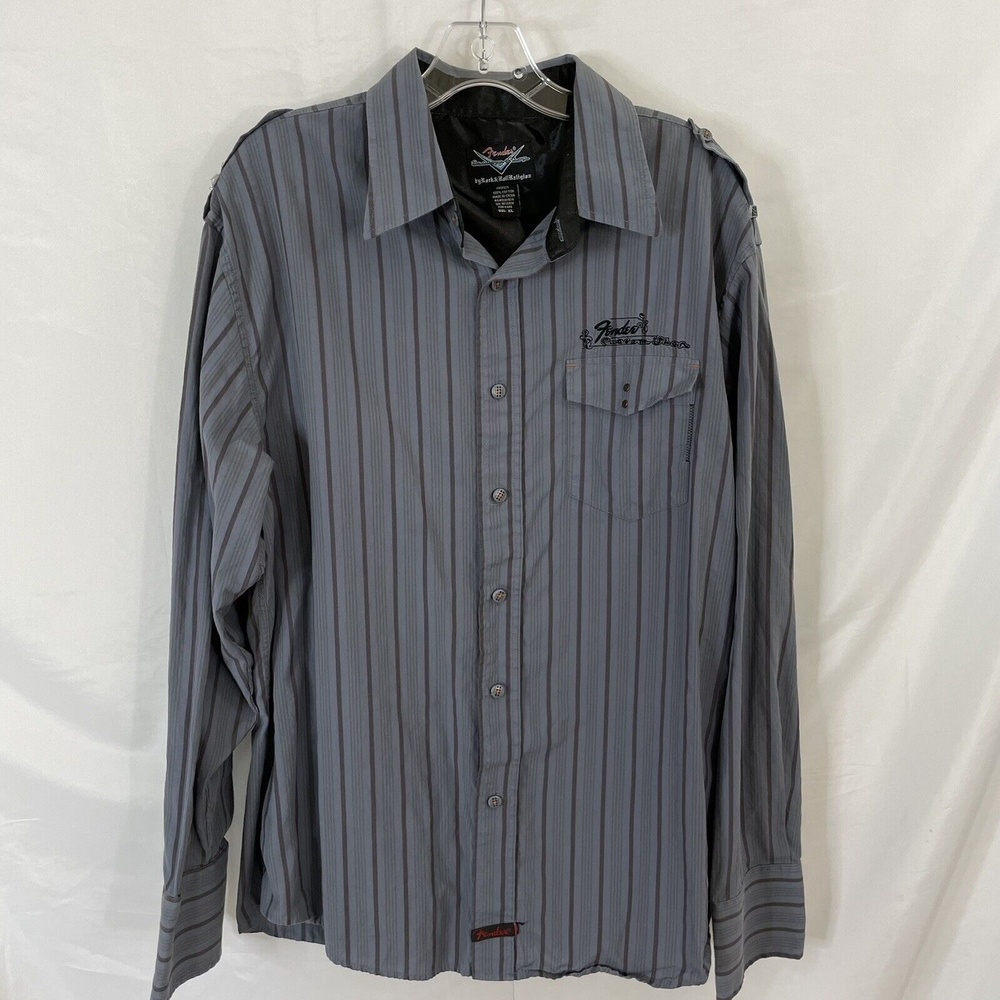 Fender Rock & Roll Religion Mens Blue Embroidered Button Up Shirt Guitar XL - Picture 4 of 8